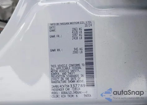 2025 Nissan Altima Sr Fwd z USA, uszkodzony, nr VIN 1N4BL4CV7SN337789